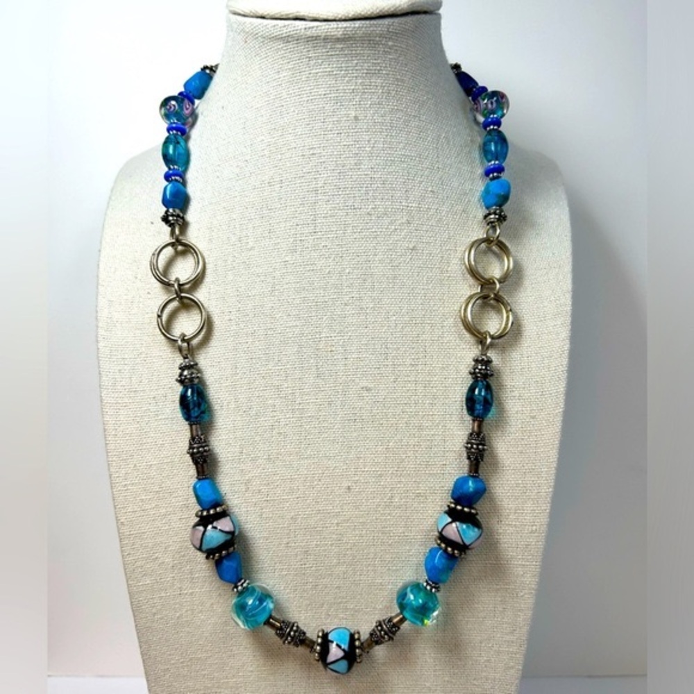 Glass and Silver Tone Beaded Necklace Faux Turquoise Stones